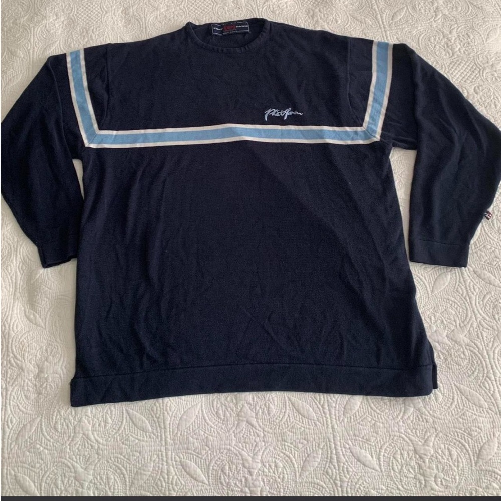 Phat Farm Navy Crewneck Sweater with Light Blue and White Stripes